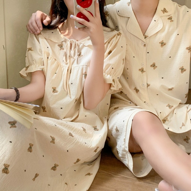 러빙리 쁘띠곰돌 여름 반팔 커플 원피스 잠옷 순면 홈웨어 파자마 상하세트