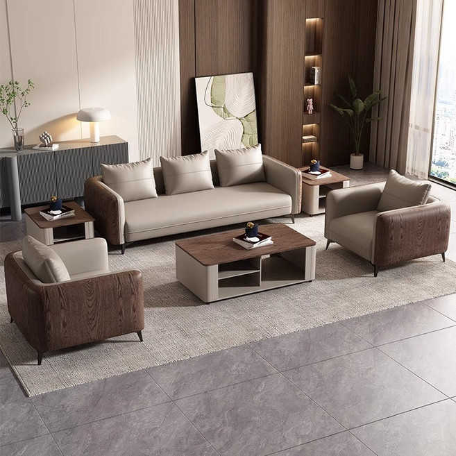 컴포렌스 편안한 사무실 소파 대표실 회사 응접 중역용 로비 부동산, 3인용, 라이트 그레이 + 다크 우드