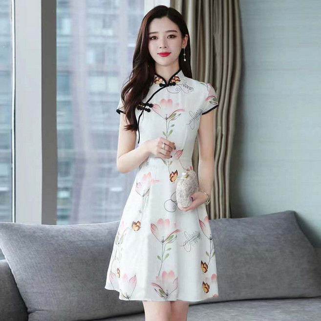 DIU 夏季新款復古改良旗袍淑女氣質中國風修身顯瘦短袖連衣裙A字短裙, 3XL