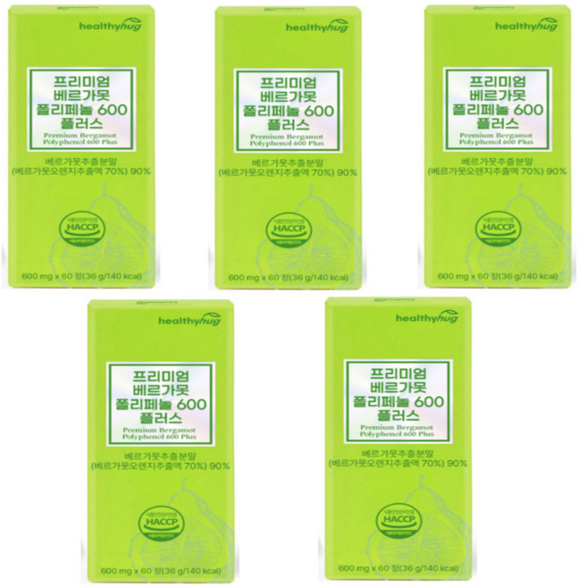 헬씨허그 프리미엄 베르가못 폴리페놀 600 플러스 건강식품, 5개, 60정