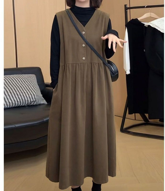 孕婦裝秋冬洋裝連身裙 大碼遮肉顯瘦裙子女套裝春秋季新 長袖, 咖色+黑色 【高品質】,3XL 建議（70-80公斤）