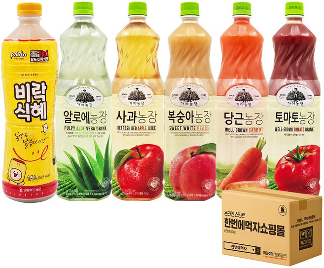 [한번에먹자] 대용량 과즙음료 혼합세트 / 가야농장(알로에 + 사과 + 복숭아 + 당근 + 토마토) + 비락식혜, 6개, 1.5L