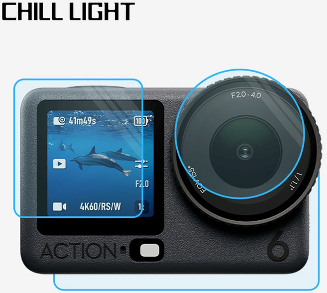 CHILL LIGHT 강화유리 필름 적용 가능 DJI action6 렌즈와 화면을 보호하다 강화유리 필름 세트, 1개, 전후면 스크린+렌즈 필름