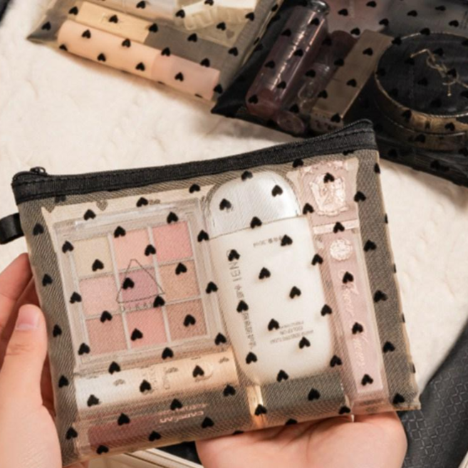 글로우엘 하트 메쉬 파우치 여행용 중형 다용도 수납파우치 하트도트 망사 세면 메이크업 이너백