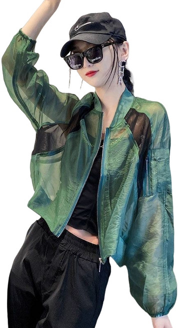 ROYALBELLE 여성 디자인 패션 배색 자외선 차단 자켓 쇼트핏 집업 시스루 점퍼 캐주얼룩 Y042401