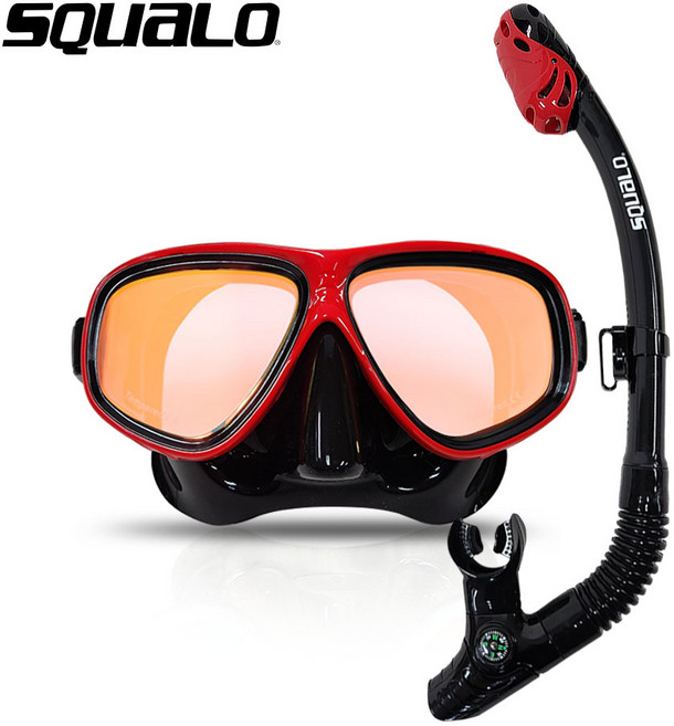스쿠알로 드라이탑 미러스노클링 SET (드라이탑 스노클/미러마스크) 프리다이빙, 미러블랙레드