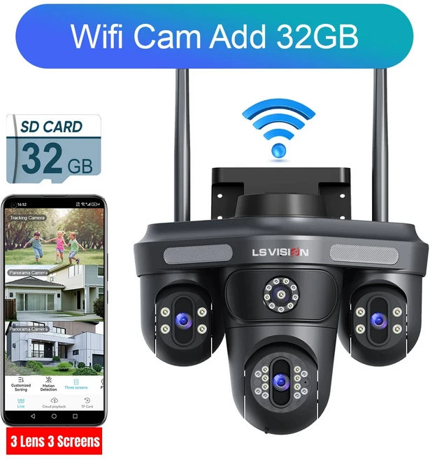 LS VISION 15MP Wifi 감시 카메라 3 화면 3 렌즈 전기 회전 야외 WIFI IP 카메라 인간 자동 추적 CCTV 캠, 04 15MP Add 32G Card, 03 EU 플러그, 01 CHINA