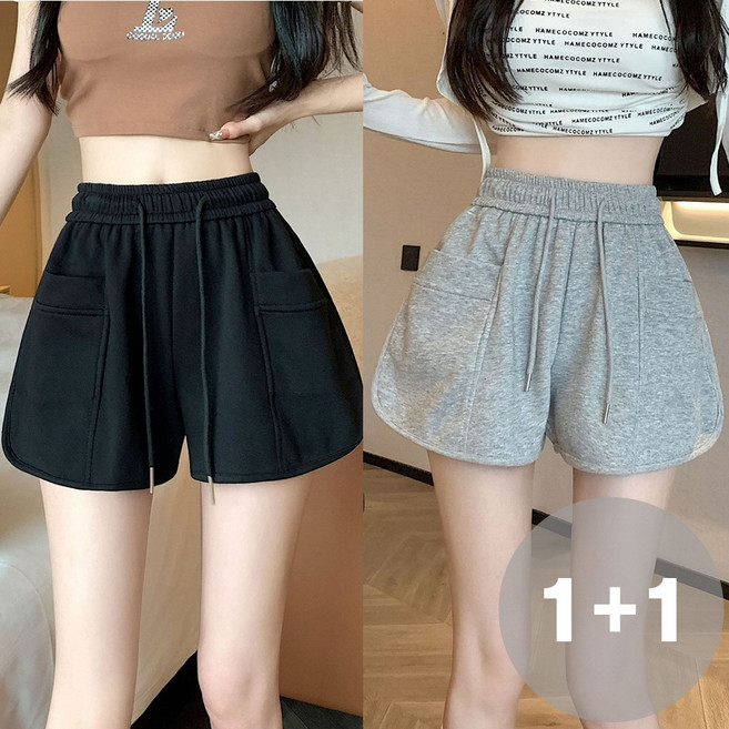 지디오 여성 A라인 반바지 2개 세트 하이웨스트 밴딩 숏 팬츠 포켓