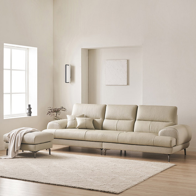 삼익가구 베이번 천연 통가죽 3인 4인 소파, 04. 4인용_스툴포함, 라이트베이지