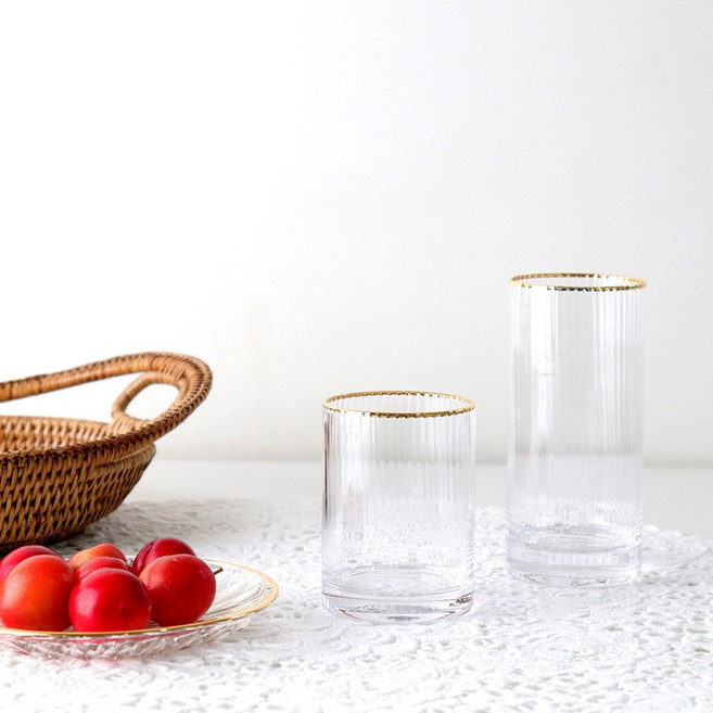 큐스토어 아이스커피잔 홈카페유리컵 글라스듀 골드림 플리츠 일자 유리컵 (2size), 1개, 2호 (360ml)