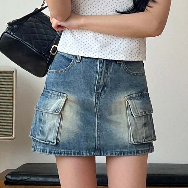 [디아미뇽] 엘로엔 워싱 카고 데님 미니 스커트