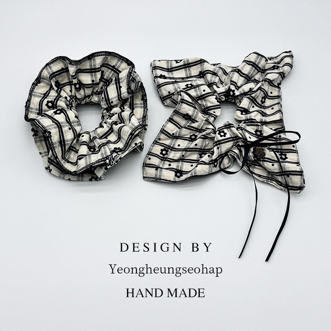 체크무늬 플라워 곱창 머리끈 도트 스크런치 2개세트