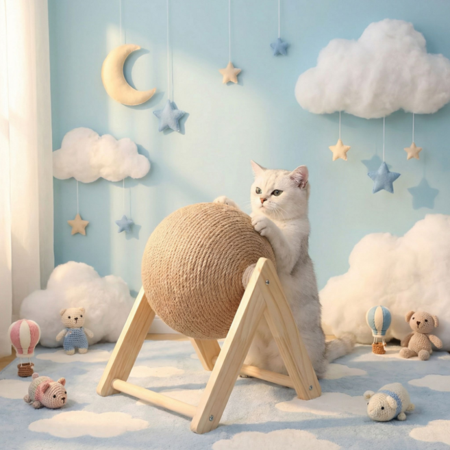 펫티트 고양이 원목 삼각대 볼 스탠딩 스크래쳐, 1개, 베이지