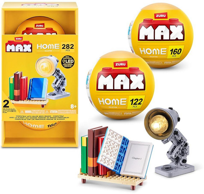 정품++ MAX 주루 ZURU Build More 프리미엄 홈 컬렉션 2팩 (책 및 램프) - 참신한 언박싱 빌딩 벽돌 수집용 미니 282피스 포함, 정품++ MAX 주루 ZURU Build More 프리