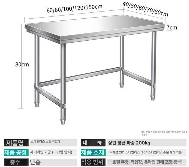 스테인리스 304SUS 작업대 상판 포장대 이동형, 1개, 단층 작업대