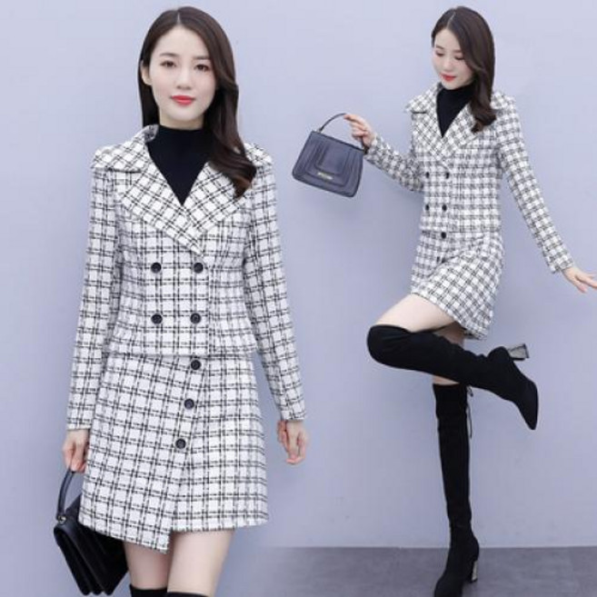 [뉴욕멋쟁이] 국내배송 오목 체크 더블버튼 치마 투피스세트 여성 스커트정장 세트 빅사이즈 투피스세트 캐주얼 투피스세트