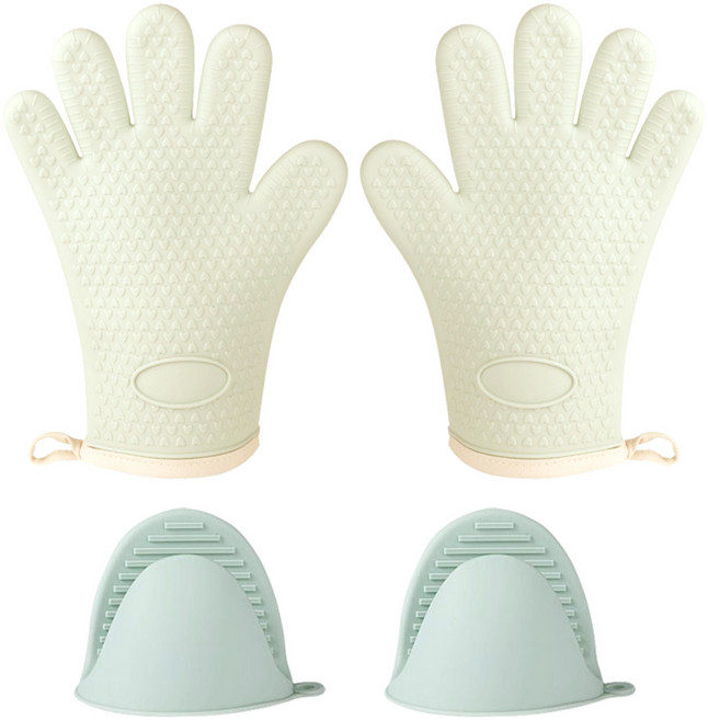 투데이리빙 2종 세트 실리콘 오븐 장갑 + 냄비 손잡이 내열 주방 용품 양손 착용, R98166W(2종, 1세트, 베이지+그린