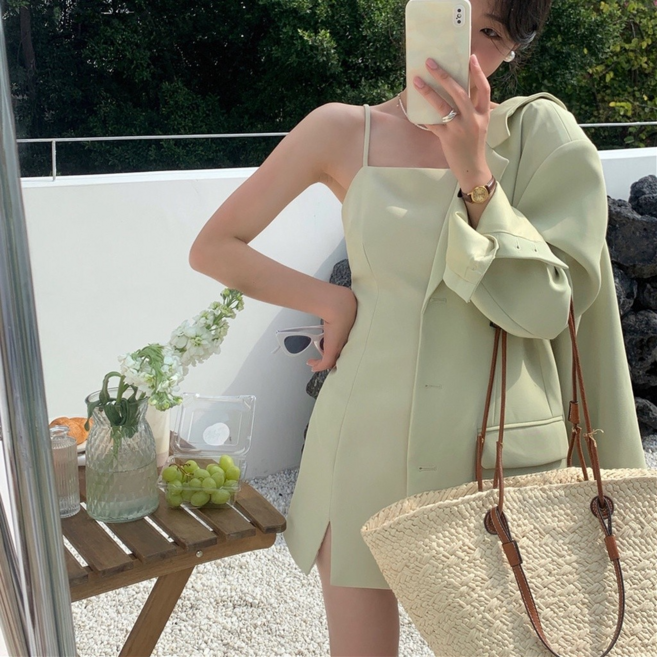 韓國簡約 收腰顯瘦 西裝通勤內搭 基本款 細肩帶洋裝, 果綠色