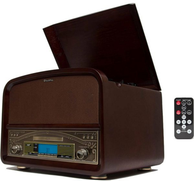 TechPlay TCP9560 고출력 20W 레트로 우드 3단 블루투스 턴테이블 CD 플레이어 AM/FM 라디오 USB 녹화 및 리모컨 포함. (Walnut), Walnut