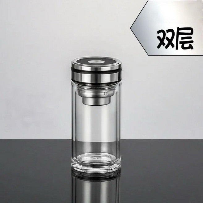 雙層加厚高硼矽玻璃杯 便攜帶蓋水杯 耐熱隔熱, 1個, 富貴黑, 219ml