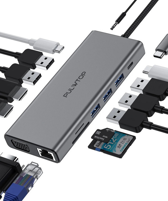 PULWTOP 14 in 1 노트북 USB C 도킹 스테이션 듀얼 모니터 맥북 델 HP 서피스 노트북용 USB C 허브 멀티포트 어댑터, 1)GRAY, 1개