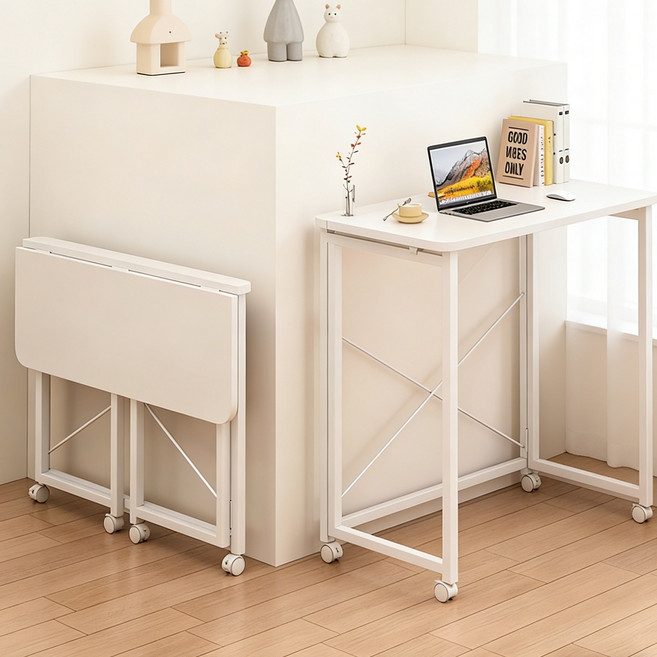 접이식 테이블 이동식 책상 바퀴형 1인용 컴퓨터 책상 사무용 학습용 노트북 테이블 공간절약, 화이트