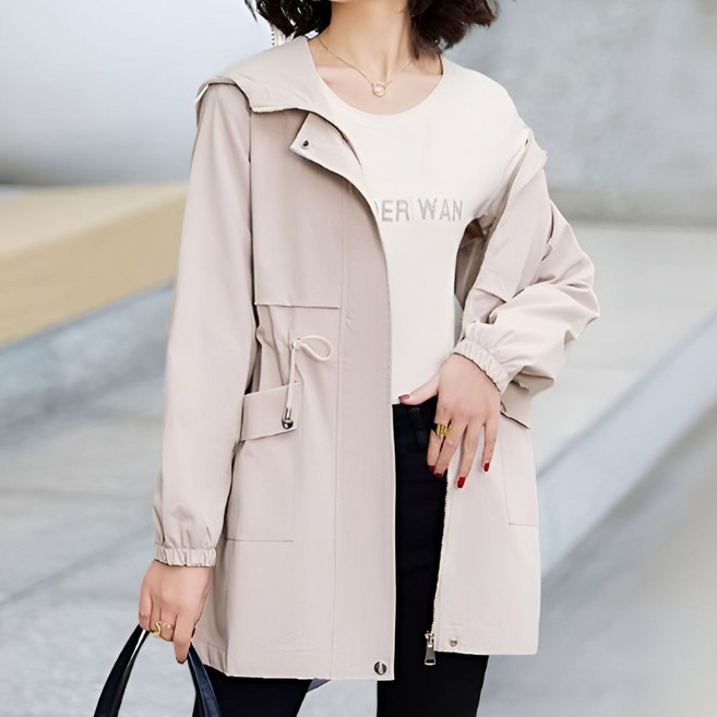 여성 야상자켓 미디 후드 허리스트링 바람막이 간절기 체형커버 A라인 3컬러