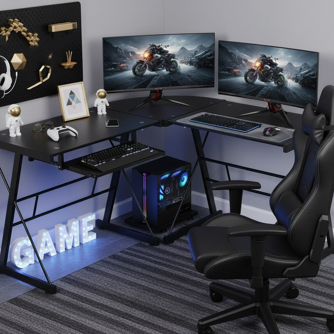 L자형 강화유리 게이밍 책상 코너형 컴퓨터테이블 학생 서재 사무용 다용도 조립쉬움, 검은색