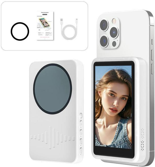 셀카모니터 미러링 라이브 촬영 카메라 셀피 여행 vlog 사진 맥세이프 생방송, 1개, 화이트 C92 보조 조명 버튼 포함