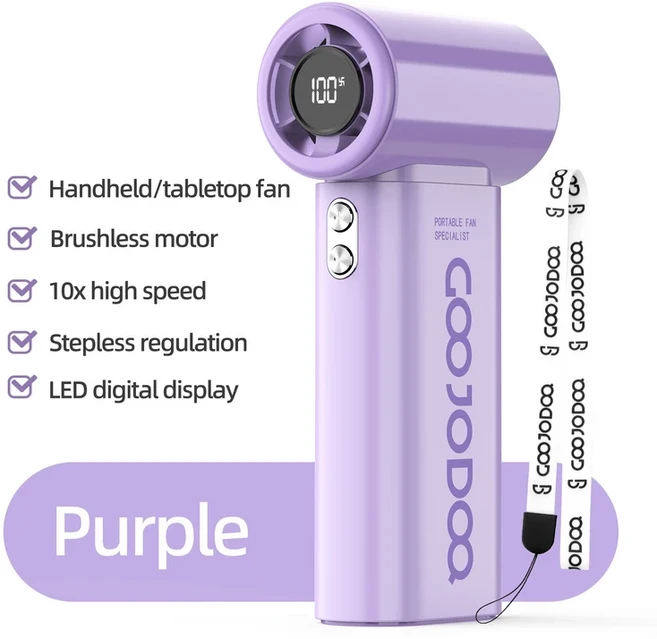 GOOJODOQ 미니 팬 고속 포켓 10x 향상된 풍력 LED 스크린 및 휴대용 끈 4000mAh 배터리, 01 Purple