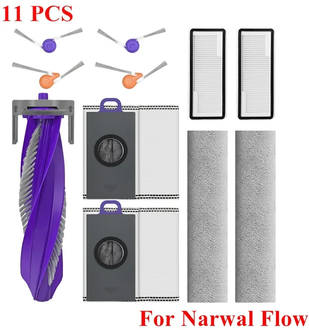 Narwal Flow 진공 액세서리 교체 메인 롤러 사이드 브러시 Hepa 필터 천 패드 먼지 봉투 예비 부품, 02 11pcs
