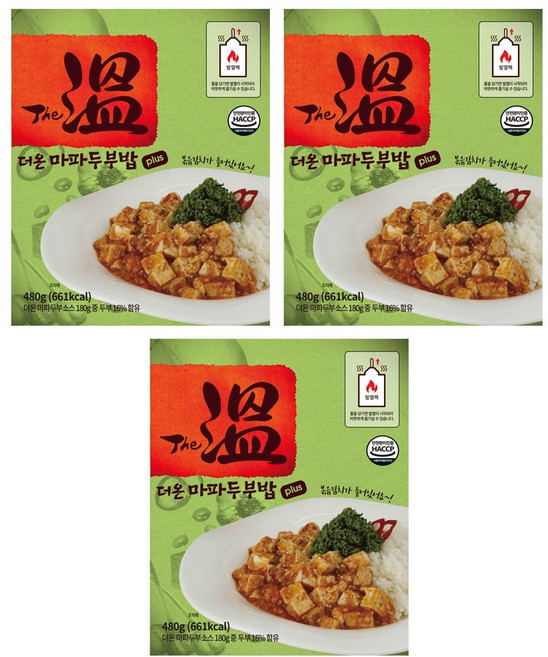 더온 마파두부밥 플러스 세트 전투식량 발열도시락 물없이 불없이 줄만 당기면 OK 비상식량 야전 등산 캠핑, 3개, 480g