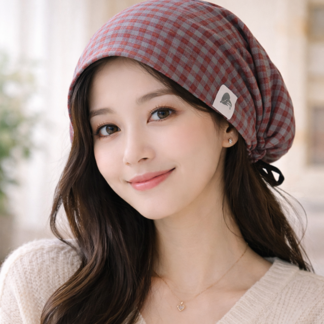 여성용 가볍고 부드러운 프리미엄 고급 항암 모자 체크 패션두건 사계절