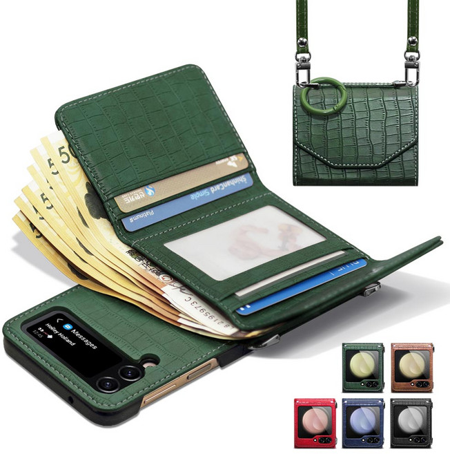 Z플립 7 6 5 4 3 지갑형 대용량 현금 수납 카드4장 수납 손목 어깨 스트랩 핑거링 힌지보호 제이콥스타일 정품 폰케이스 갤럭시 제트 PU 악어 가죽 패턴 지폐 핸드폰 케이스