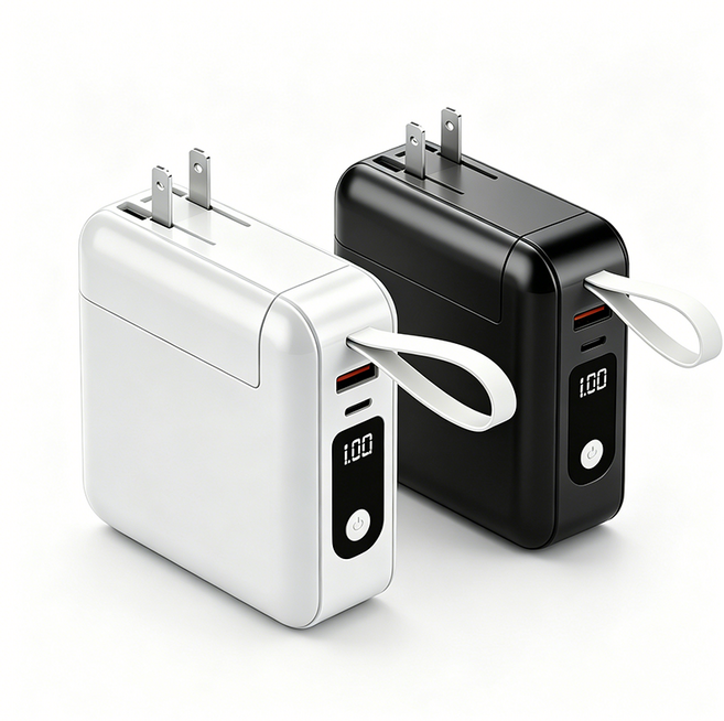 移動電源 自帶線口袋快充充電寶 多功能無線充電, 黑色【自帶雙線+折疊插頭+無線快充】,20000mAh