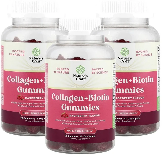 네이처스 크래프트 콜라겐 + 비오틴 구미 라즈베리 Nature's Craft Collagen + Biotin Gummies Raspberry 90정, 3개 - 쿠팡