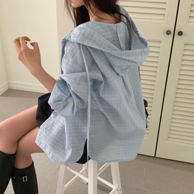 레티고 환절기 장마룩 꾸안꾸 오버핏 긴팔 체크 후드 남방