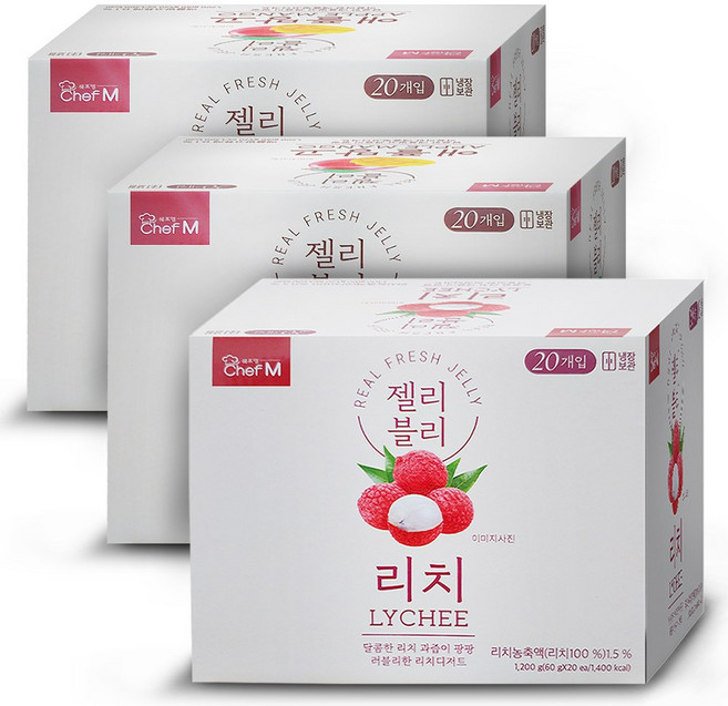 쉐프엠 젤리블리 3종1박스씩 총 60입/샤인머스켓/애플망고/리치, 08_애플망고 2박스+리치1박스 총60입, 3박스, 1.2kg