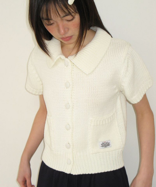 RONRON 포켓 카라ED 니트 숏 SLEEVE 가디건 아이보리