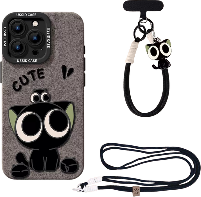 고양이 아이폰 귀여운 실리콘 케이스 + 목걸이 도난방지 스트랩 + 손목 키링 3종 세트