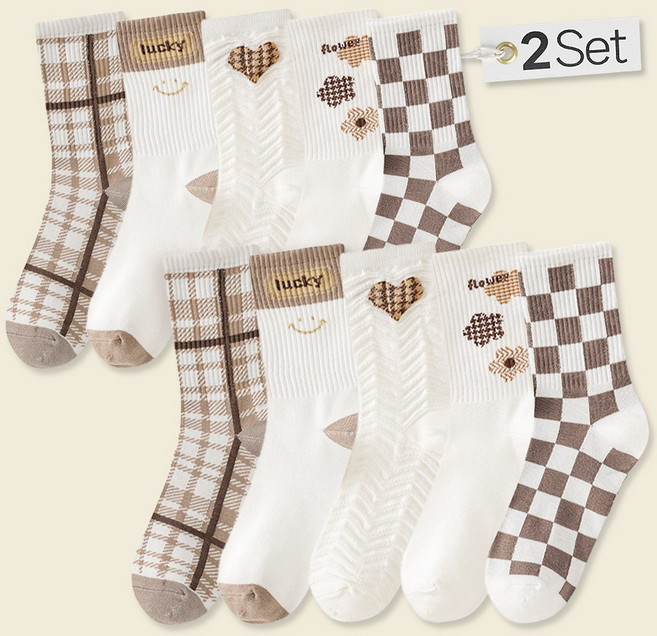 쿠밍 여성용 패션 귀여운 데일리 코디 중목 양말 10켤레 세트