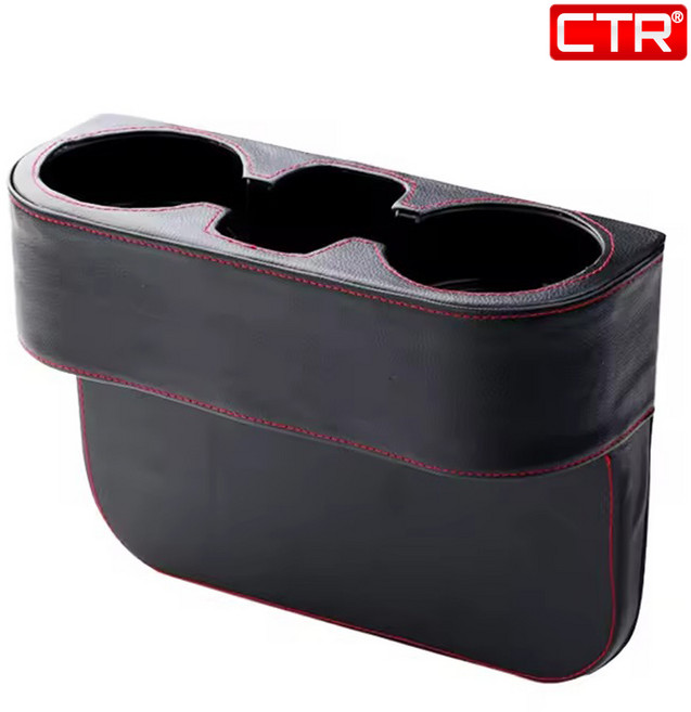 CTR 차량용 가죽 컵 홀더 사이드 시트 틈새 포켓 3단 멀티 트레이 SC-15, 블랙, 1개