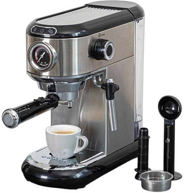 [독일브랜드] 커피메이커 스텐 커피머신 에스프레소 스팀 밀크 우유거품 고압력추출 압력게이지 컵워머 더블샷 아메리카노 카페라떼 홈카페, 스테인리스실버, 커피 메이커