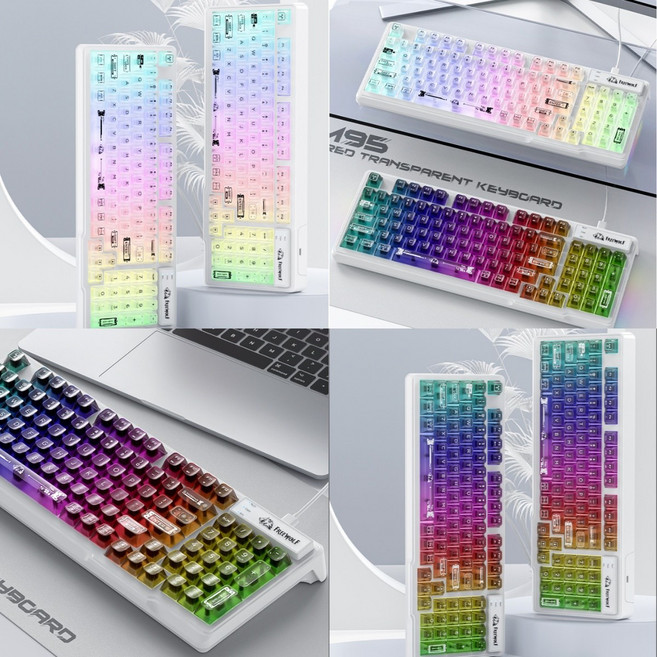 [cy] Freewolf M95 투명 RGB 게이밍 키보드 사무PC용 키보드 객제화 94키 타입선분리OK 유선버전 ziyoulang M95 시리즈신상, M95버전-화이트투명