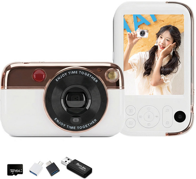 MOKiN 6400W 초고화질 레트로 미니 디지털 카메라 셀카 동영상 촬영용+ 64G sd카드 + 리더기 세트, 화이트