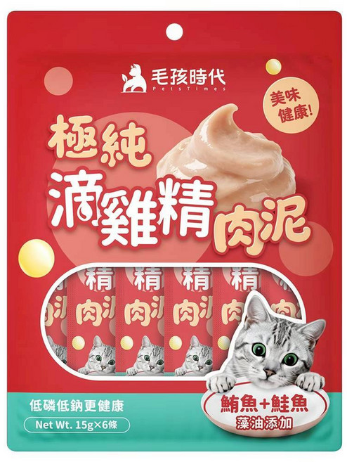 毛孩時代 極純滴雞精雞肉泥 鮪魚+鮭魚 15g x 6條 犬貓皆可食, 6個, 雞魚+鮭魚