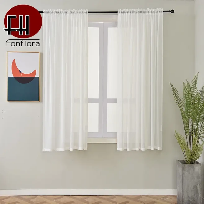 흰색 투명 짧은 작은 창 커튼 Tulle Chiffon 거실 용 얇은 침실 라운지 데이 그늘 커버, white, W100cmX250cm, Multi-Tape