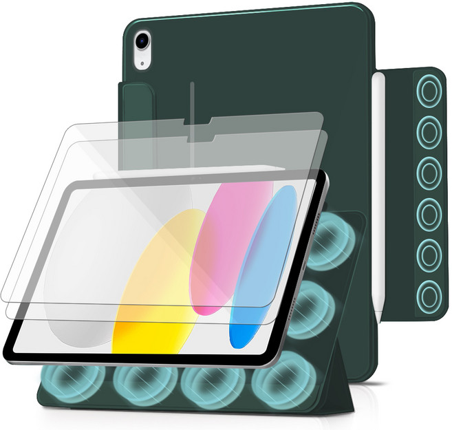 더조은셀러 아이패드 호환 3단 폴리오 마그네틱 케이스 2매입 유리필름 포함, 다크그린, 1개