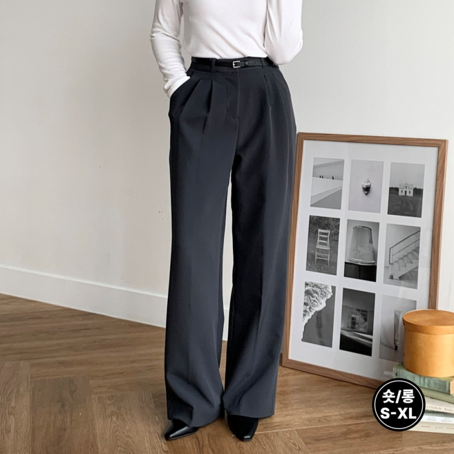 더한땀 여성 링클프리 핀턱 와이드 슬랙스 팬츠