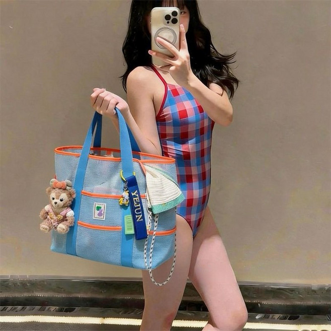 海邊度假輕便網眼沙灘包 大容量游泳收納健身便攜單肩包, 藍拼色-多口袋收納 拼色游泳包